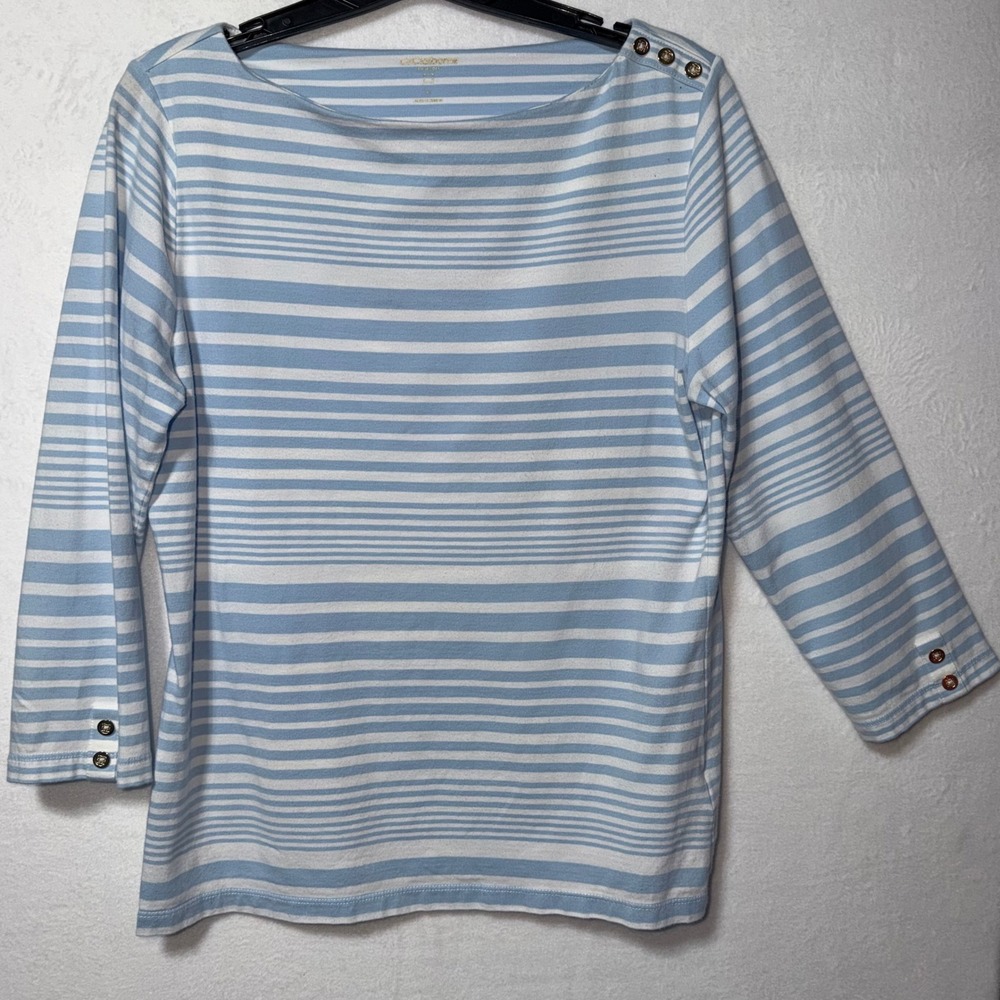 Liz Claiborne New York Light Blue White Striped Boat Neck Button Top Size M